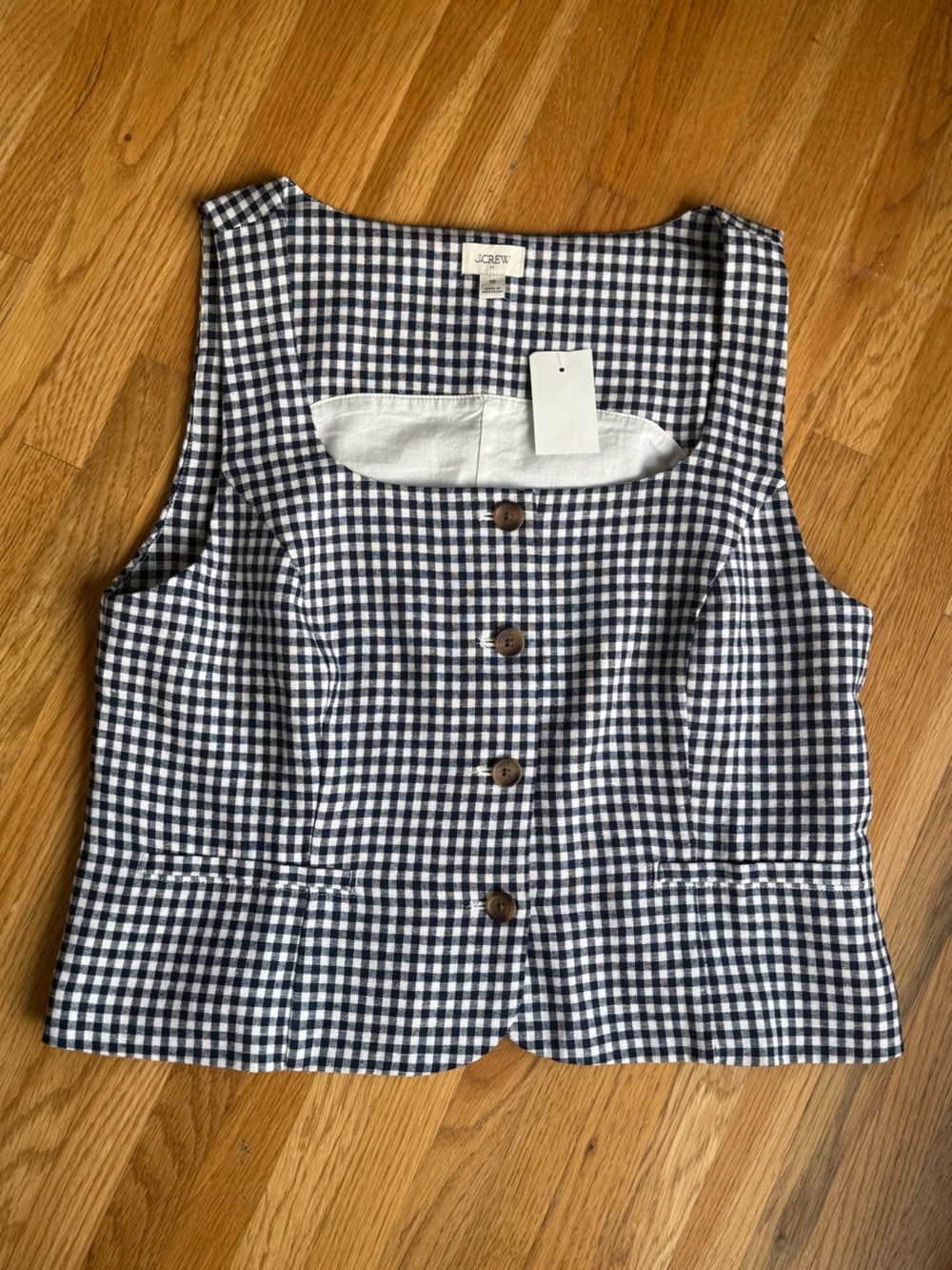 J. Crew Navy and White Gingham Linen Blend Button-Front Vest NWT